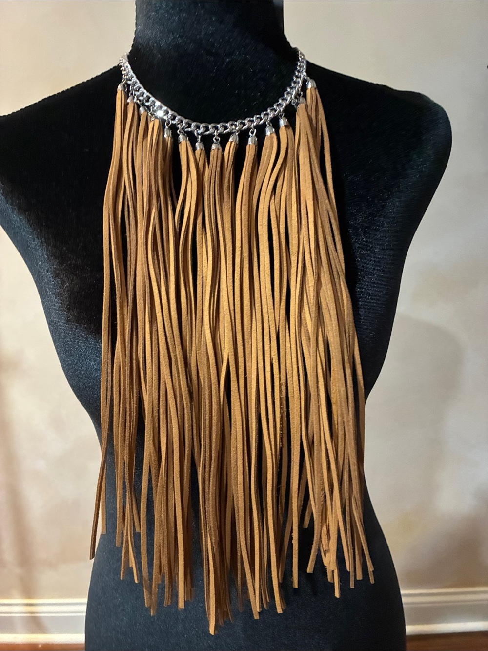 Express Long Fringe Tassel Necklace in Tan with Silver Chain
